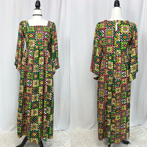 Dawn O’Porter X Joanie Casino Granny Square Print maxi midaxi dress 6 medium NWT - Picture 2 of 8